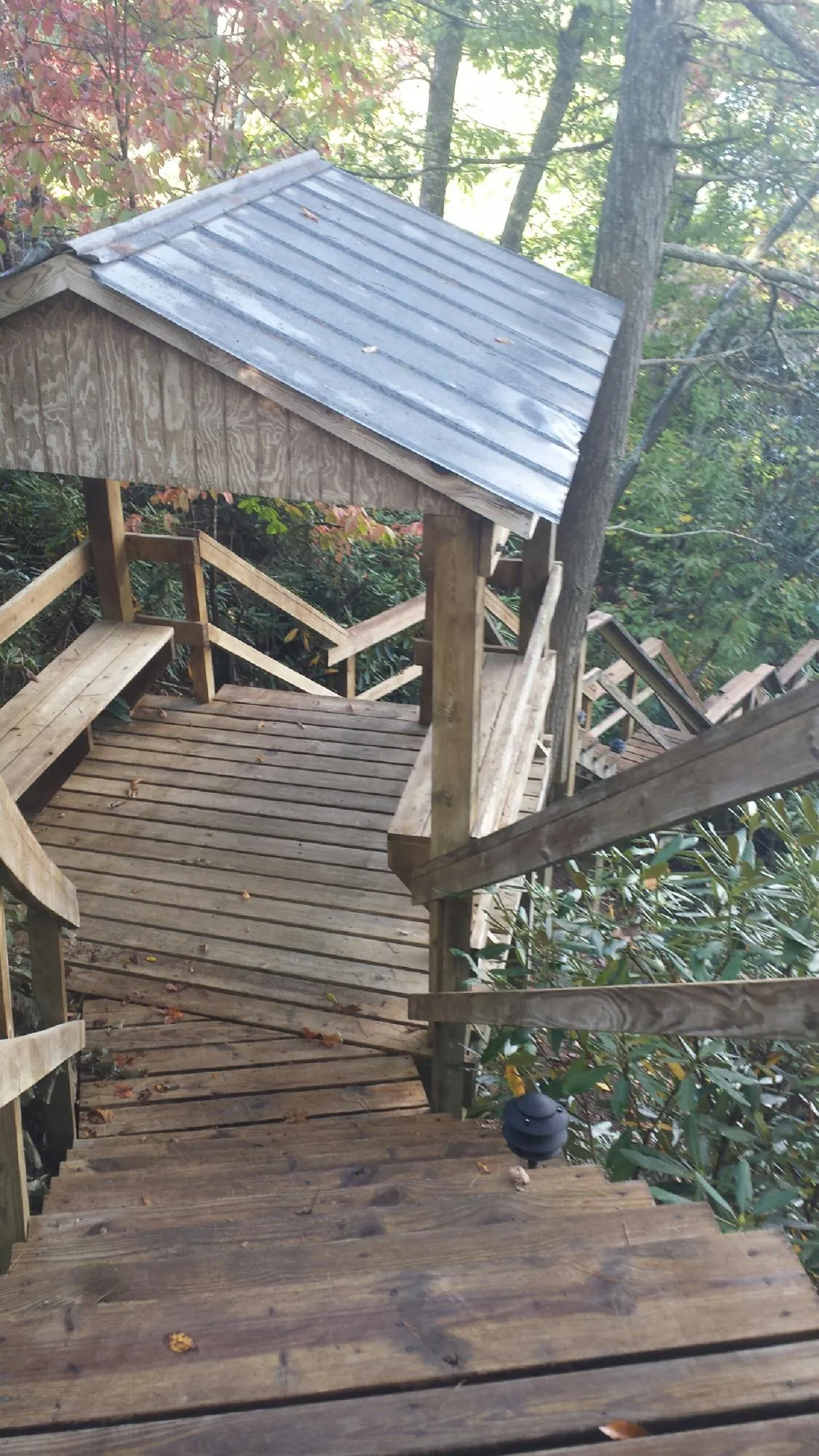 Metal roofed shelter over wooden steps on a wooded walkway — Skylight Repair & Installation work by our crew in Dunbarton